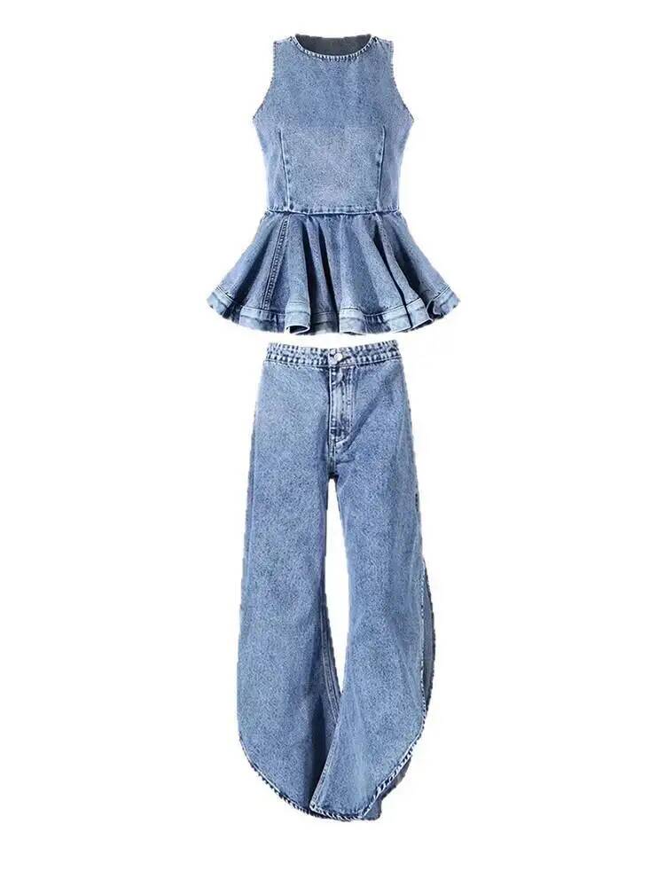 Women'S Fashion Overalls - Completo Due Pezzi con Top Blu